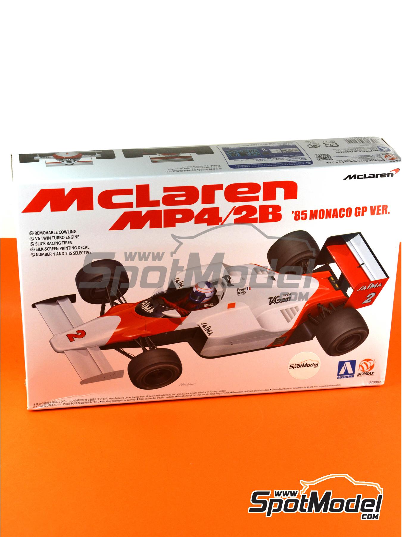 McLaren TAG Porsche MP4/2B McLaren Racing Limited Team sponsored by  Marlboro - Monaco Formula 1 Grand Prix 1985. Car scale model kit in 1/20  scale man